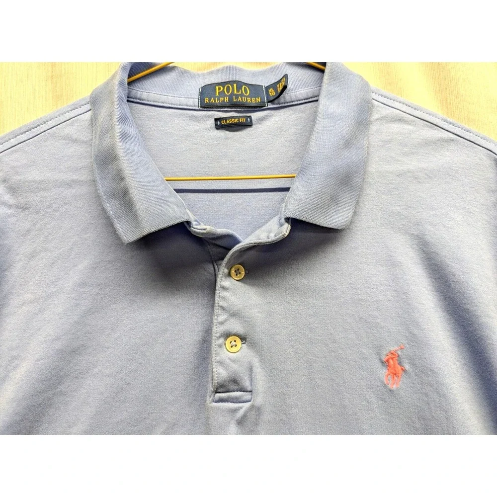 Polo Ralph Lauren Men XL Blue/Pink Pony Classic‎ Fit Short Sleeve Soft Knit Polo